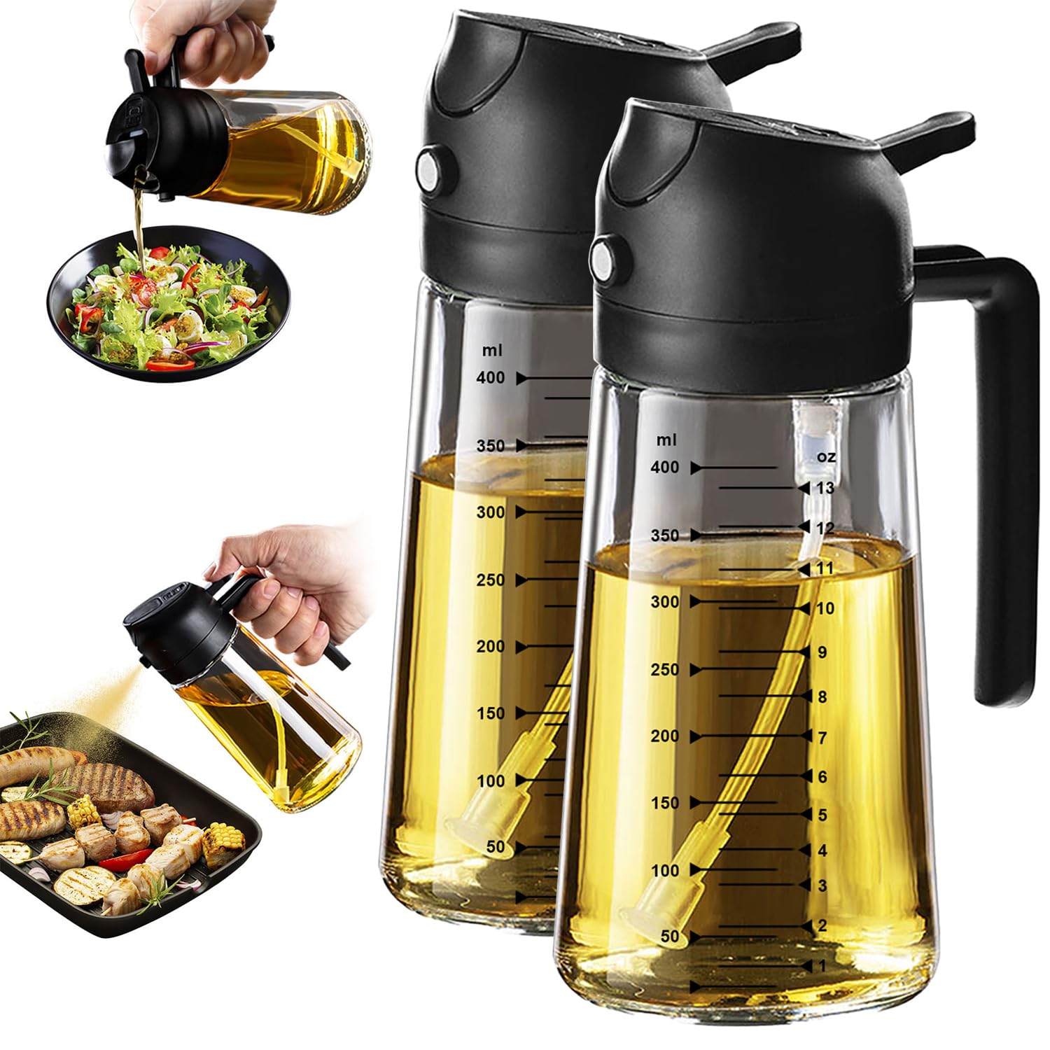 TrendPlain 470ml Olive Oil Spray Bottle for Kitchen Gadgets - 2 in 1 Olive Oil Dispenser Bottle and Air Fryer Accessories for Cooking, Salad and BBQ - Black