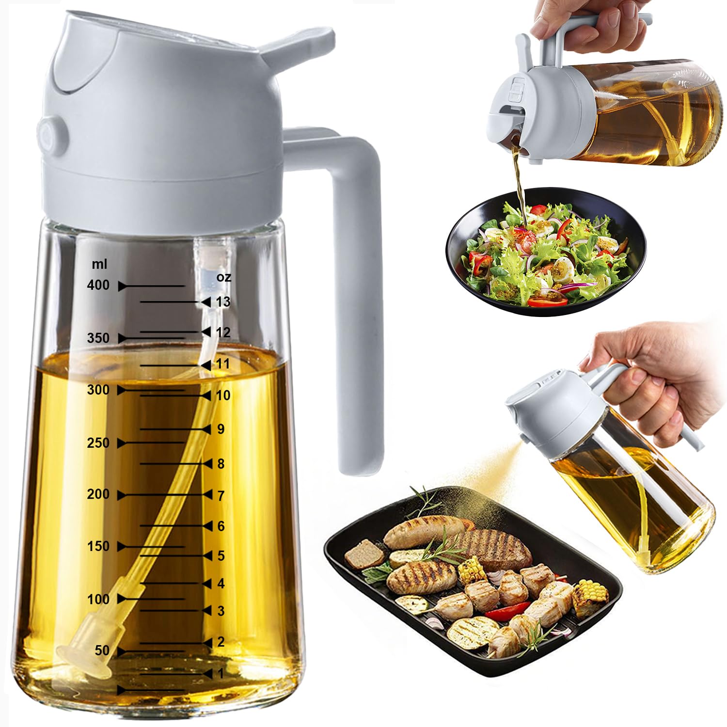 TrendPlain 470ml Olive Oil Spray Bottle for Kitchen Gadgets - 2 in 1 Olive Oil Dispenser Bottle and Air Fryer Accessories for Cooking, Salad and BBQ - Black
