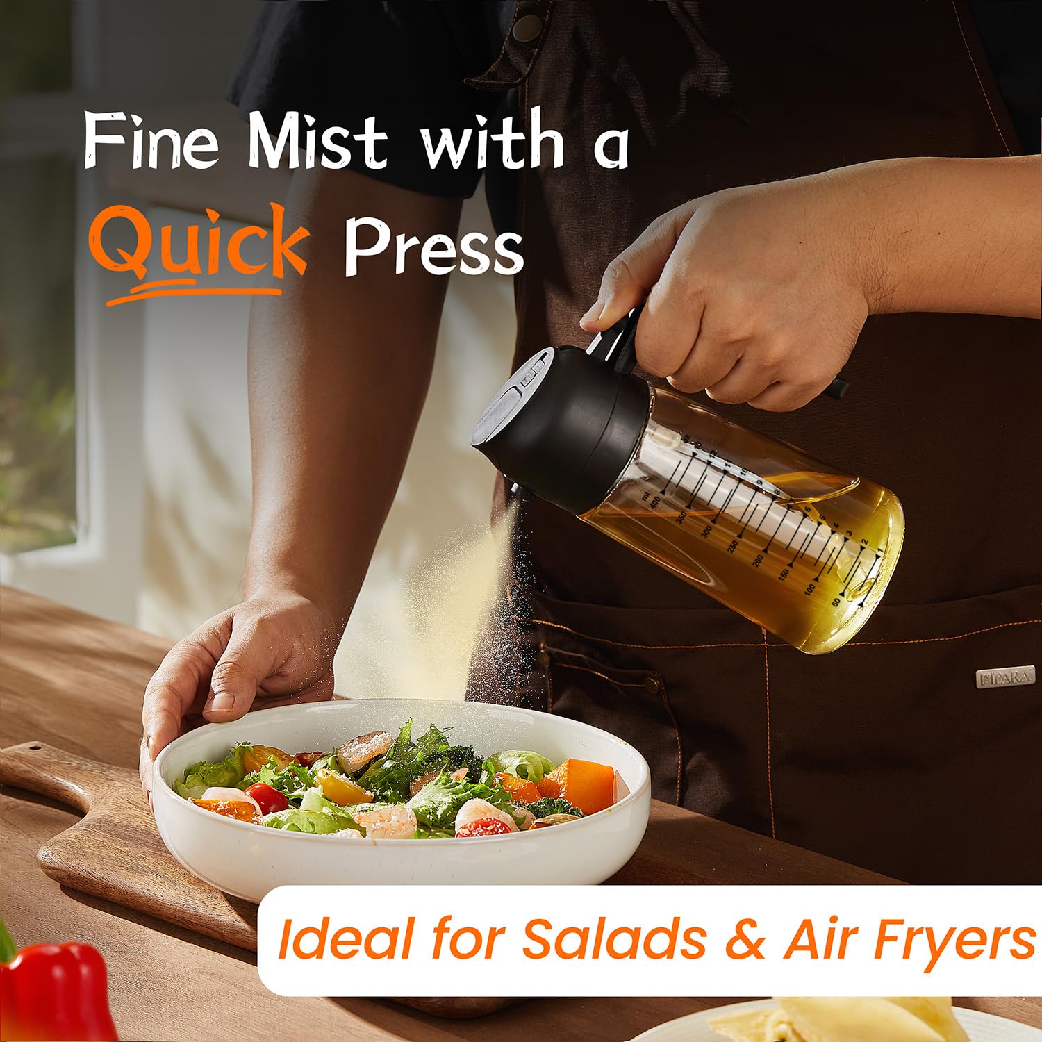 TrendPlain 470ml Olive Oil Spray Bottle for Kitchen Gadgets - 2 in 1 Olive Oil Dispenser Bottle and Air Fryer Accessories for Cooking, Salad and BBQ - Black