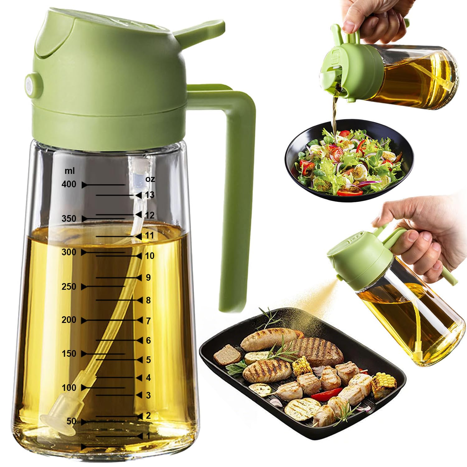 TrendPlain 470ml Olive Oil Spray Bottle for Kitchen Gadgets - 2 in 1 Olive Oil Dispenser Bottle and Air Fryer Accessories for Cooking, Salad and BBQ - Black