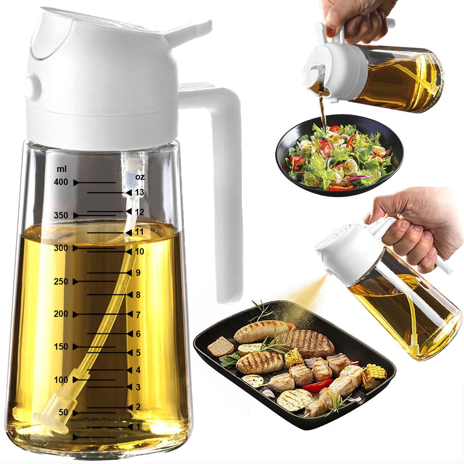 TrendPlain 470ml Olive Oil Spray Bottle for Kitchen Gadgets - 2 in 1 Olive Oil Dispenser Bottle and Air Fryer Accessories for Cooking, Salad and BBQ - Black