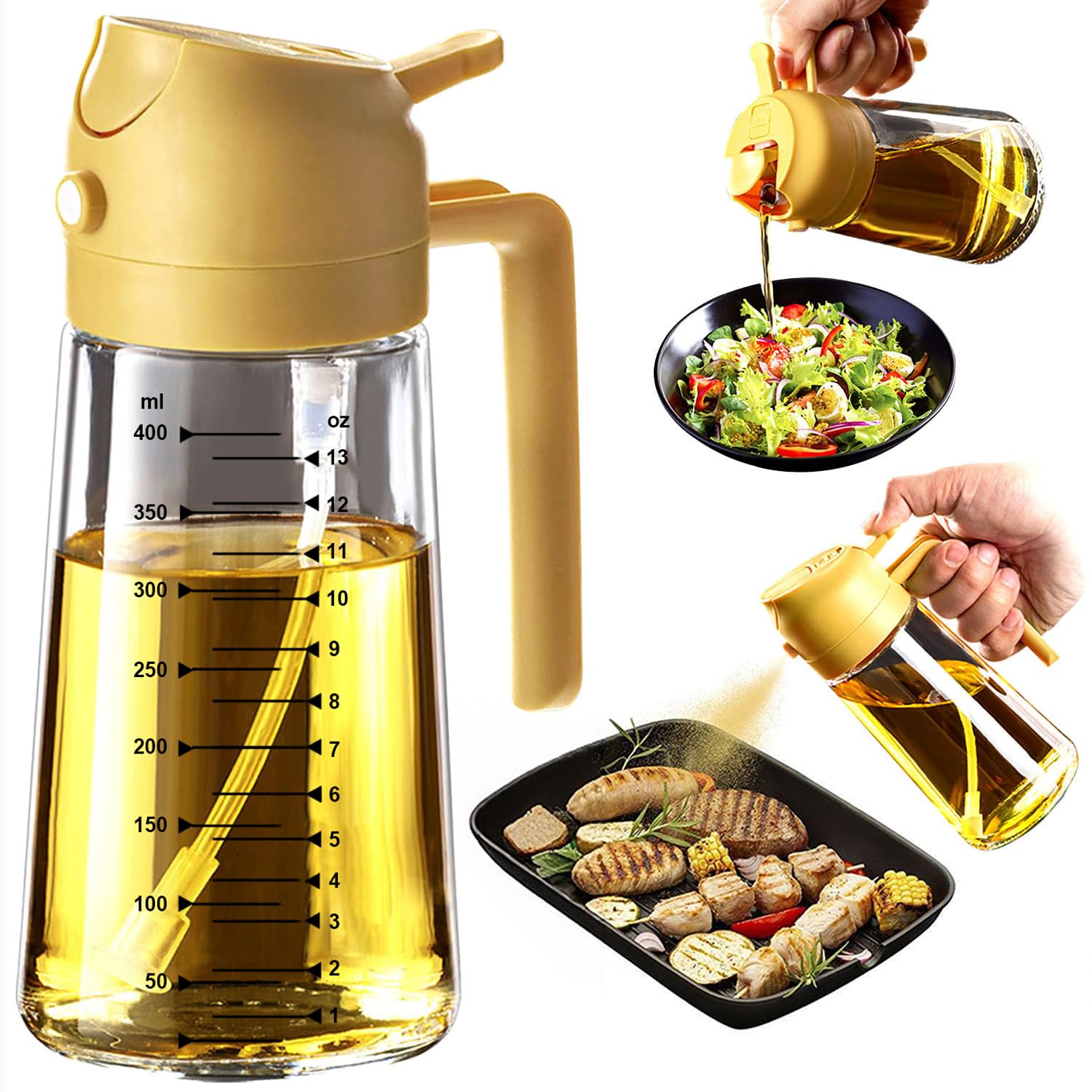TrendPlain 470ml Olive Oil Spray Bottle for Kitchen Gadgets - 2 in 1 Olive Oil Dispenser Bottle and Air Fryer Accessories for Cooking, Salad and BBQ - Black
