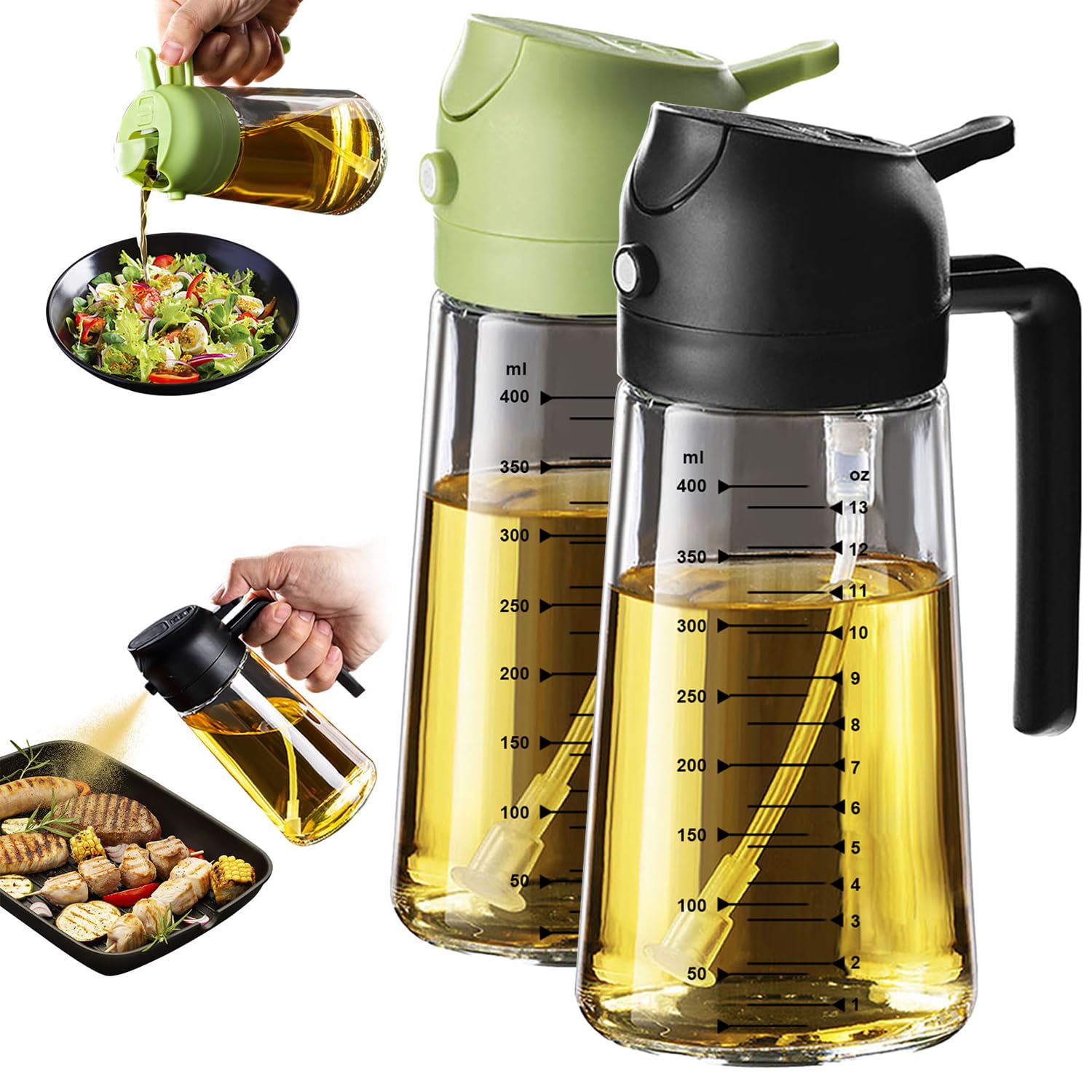 TrendPlain 470ml Olive Oil Spray Bottle for Kitchen Gadgets - 2 in 1 Olive Oil Dispenser Bottle and Air Fryer Accessories for Cooking, Salad and BBQ - Black