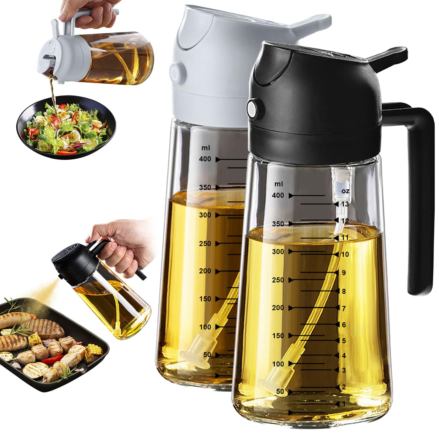 TrendPlain 470ml Olive Oil Spray Bottle for Kitchen Gadgets - 2 in 1 Olive Oil Dispenser Bottle and Air Fryer Accessories for Cooking, Salad and BBQ - Black