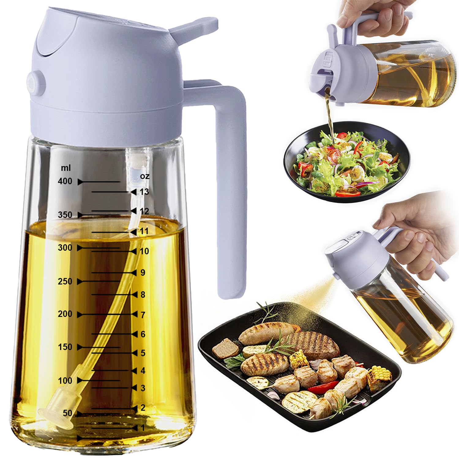 TrendPlain 470ml Olive Oil Spray Bottle for Kitchen Gadgets - 2 in 1 Olive Oil Dispenser Bottle and Air Fryer Accessories for Cooking, Salad and BBQ - Black