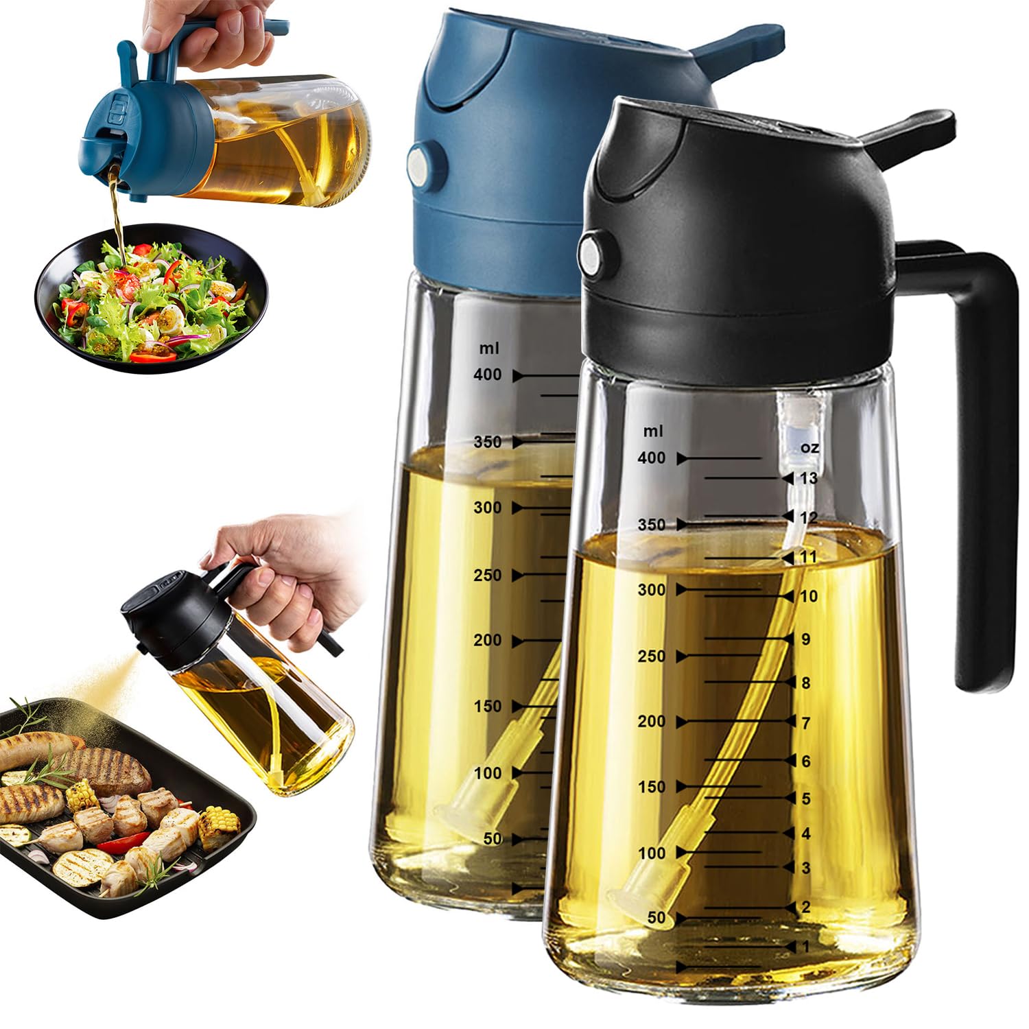 TrendPlain 470ml Olive Oil Spray Bottle for Kitchen Gadgets - 2 in 1 Olive Oil Dispenser Bottle and Air Fryer Accessories for Cooking, Salad and BBQ - Black