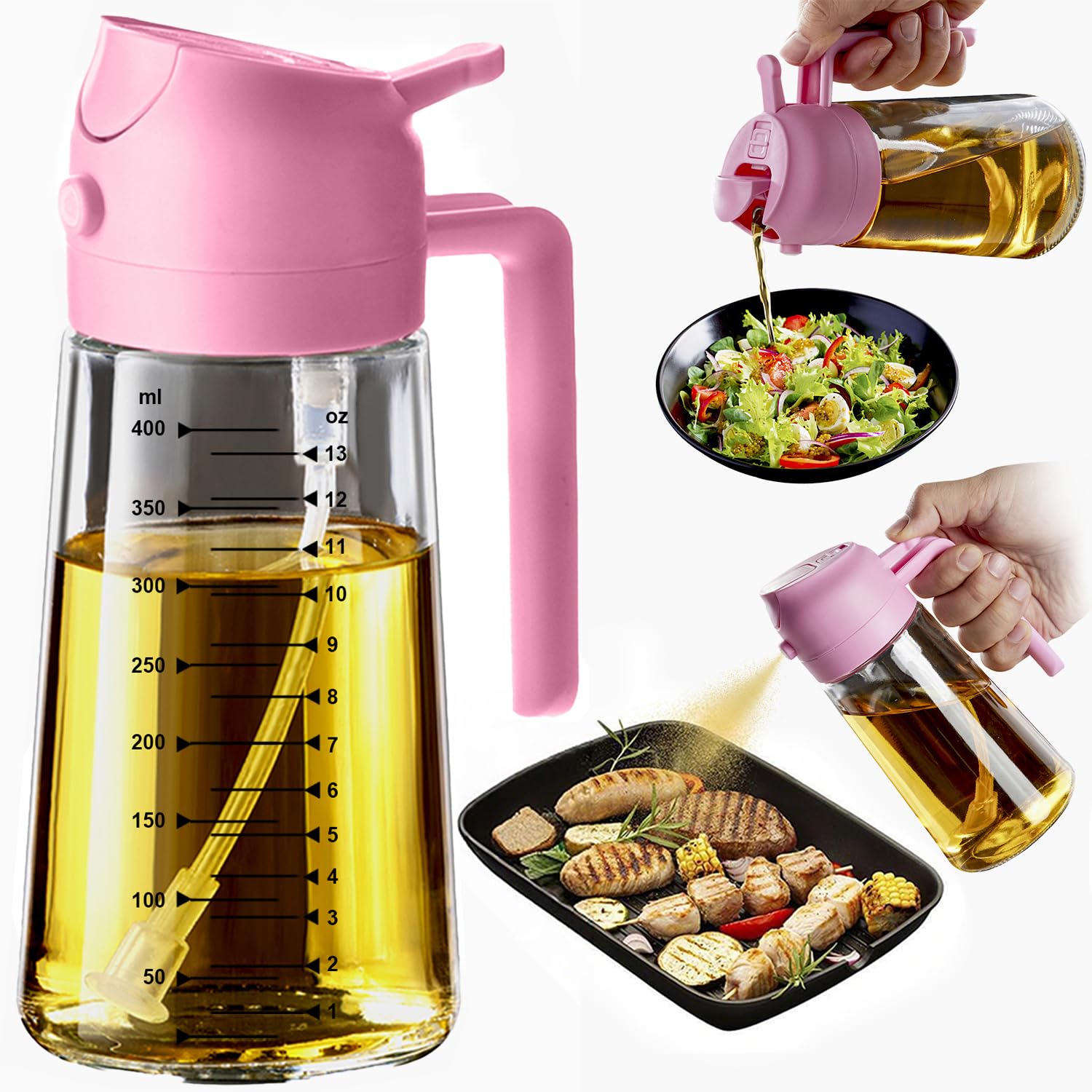 TrendPlain 470ml Olive Oil Spray Bottle for Kitchen Gadgets - 2 in 1 Olive Oil Dispenser Bottle and Air Fryer Accessories for Cooking, Salad and BBQ - Black