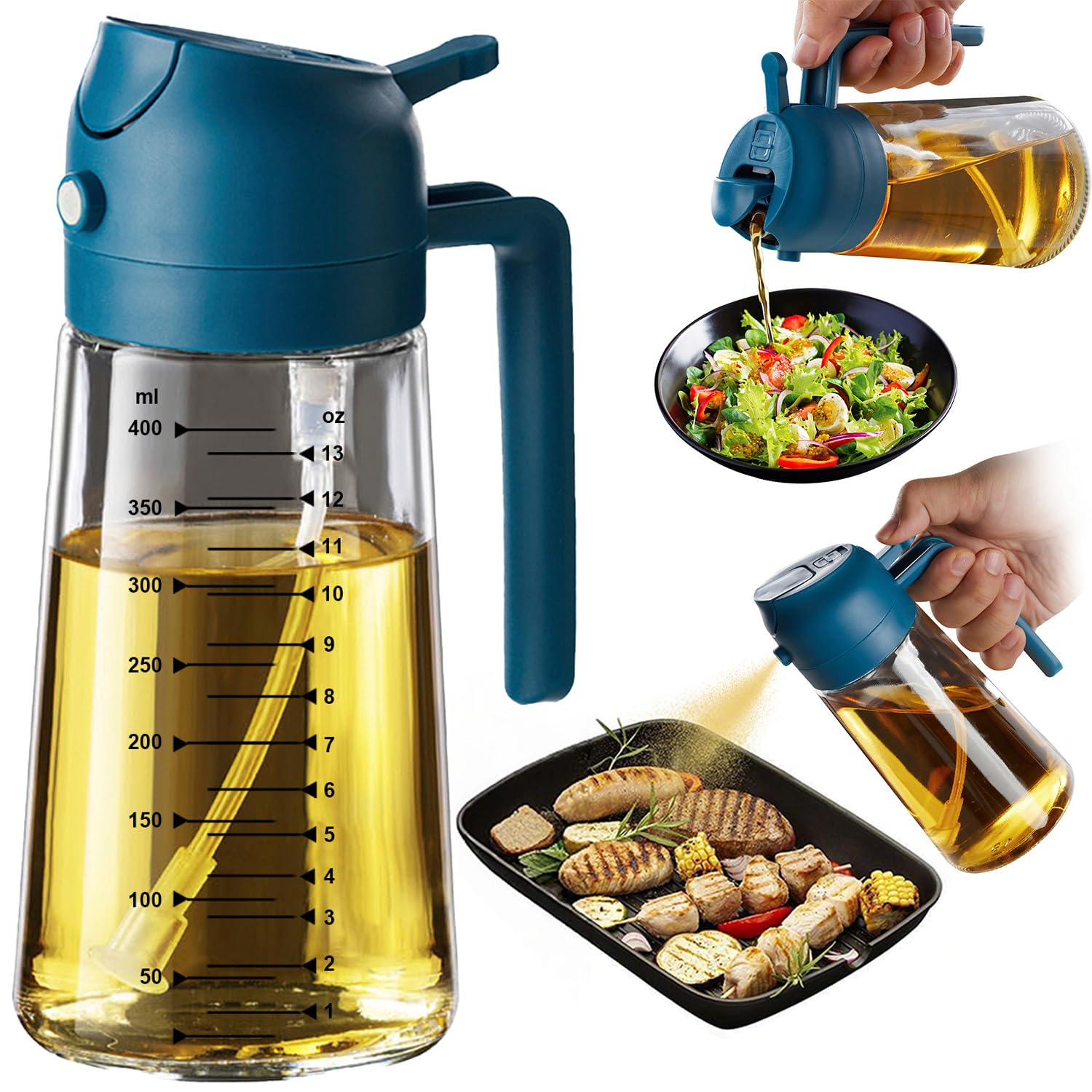 TrendPlain 470ml Olive Oil Spray Bottle for Kitchen Gadgets - 2 in 1 Olive Oil Dispenser Bottle and Air Fryer Accessories for Cooking, Salad and BBQ - Black