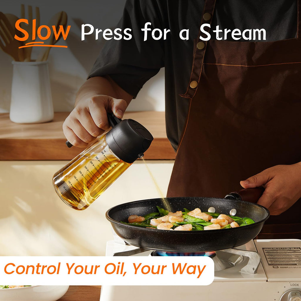 TrendPlain 470ml Olive Oil Spray Bottle for Kitchen Gadgets - 2 in 1 Olive Oil Dispenser Bottle and Air Fryer Accessories for Cooking, Salad and BBQ - Black
