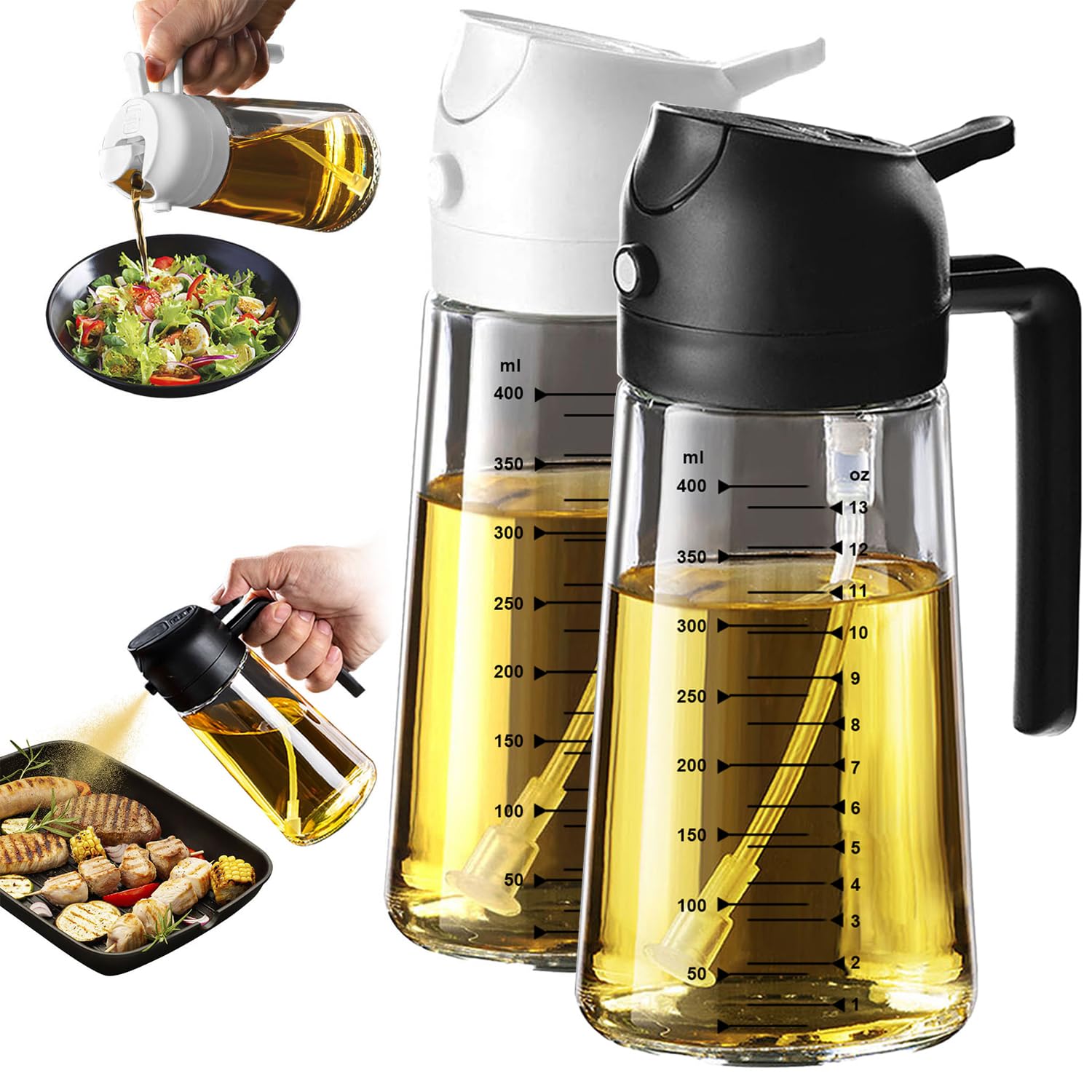 TrendPlain 470ml Olive Oil Spray Bottle for Kitchen Gadgets - 2 in 1 Olive Oil Dispenser Bottle and Air Fryer Accessories for Cooking, Salad and BBQ - Black