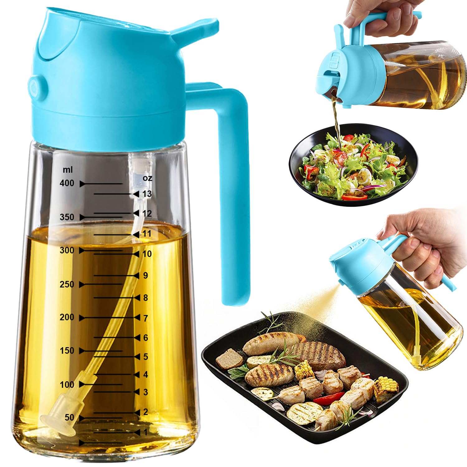 TrendPlain 470ml Olive Oil Spray Bottle for Kitchen Gadgets - 2 in 1 Olive Oil Dispenser Bottle and Air Fryer Accessories for Cooking, Salad and BBQ - Black