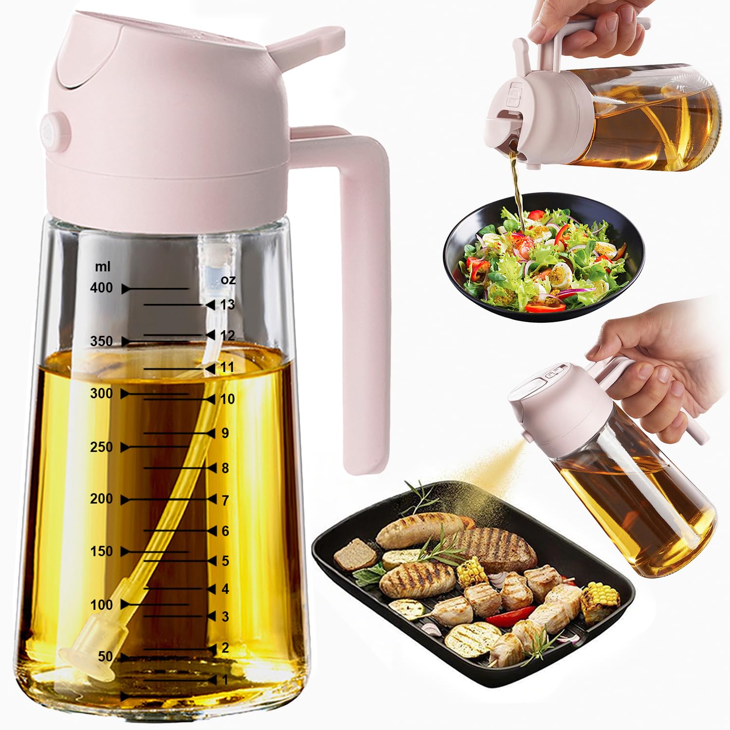 TrendPlain 470ml Olive Oil Spray Bottle for Kitchen Gadgets - 2 in 1 Olive Oil Dispenser Bottle and Air Fryer Accessories for Cooking, Salad and BBQ - Black