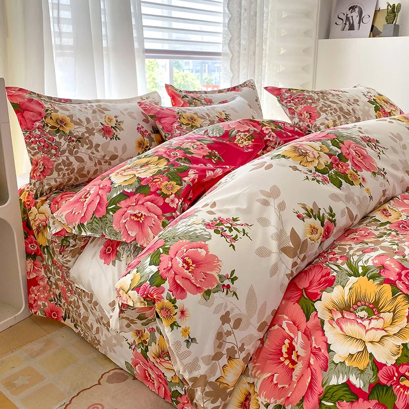 1PC Beige Floral Print Duvet Cover, Multicolor Peony Flower Pattern Bedding for Vintage Romantic Bedroom Decor