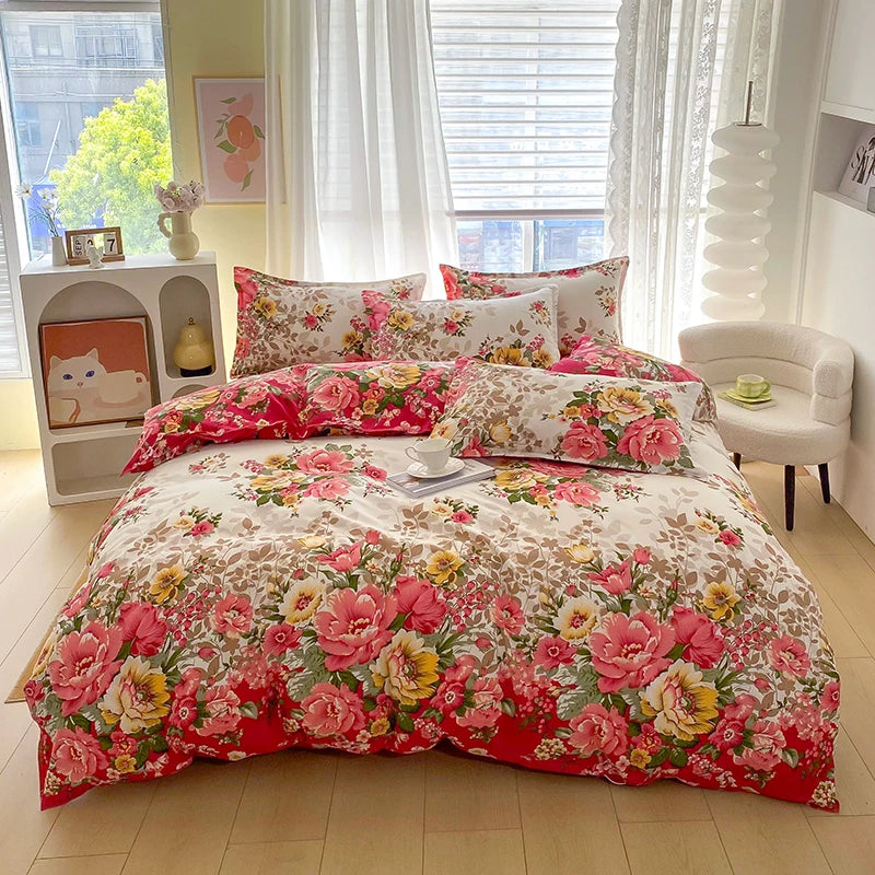 1PC Beige Floral Print Duvet Cover, Multicolor Peony Flower Pattern Bedding for Vintage Romantic Bedroom Decor