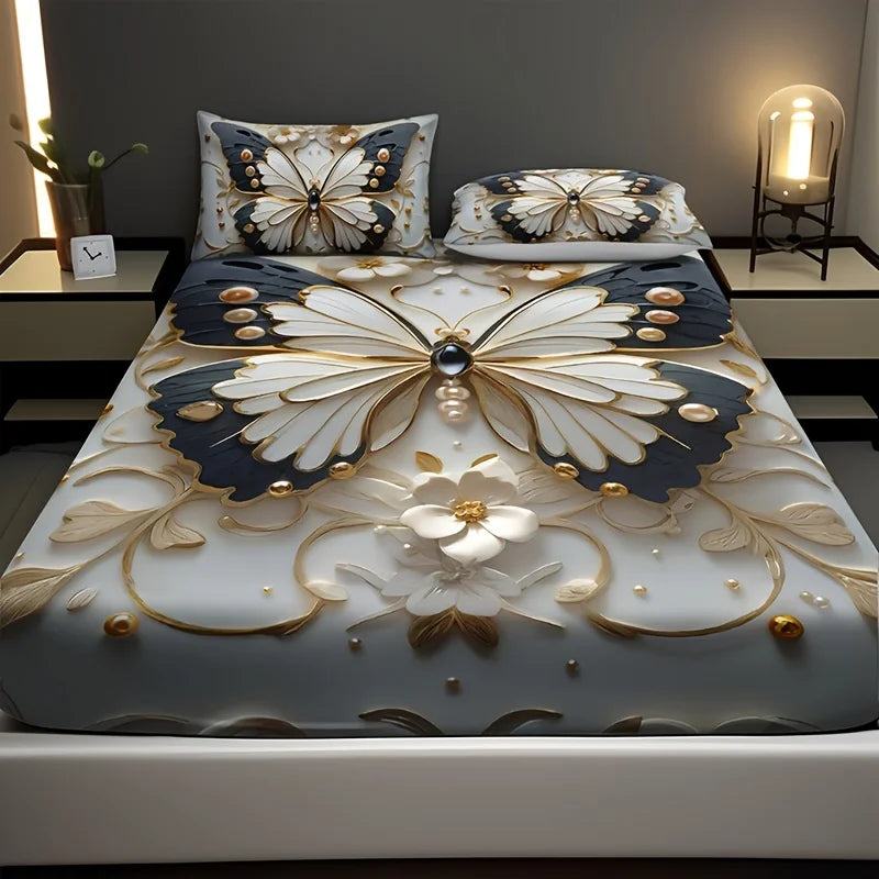 Three-dimensional White Embossed Butterfly Fitted Sheet Set 1 Fitted Sheet High-definition Printing for Home and Dormitory