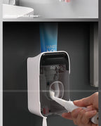 MENGNI Toothpaste Dispenser Wall-Mounted Bathroom Toothpaste Squeezer Punch-Free Toothbrush Holder Rack manual operation