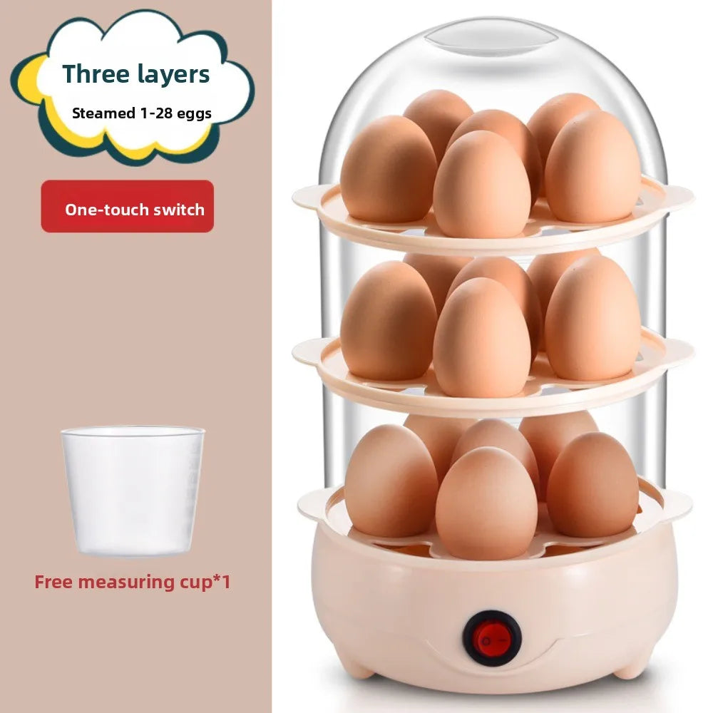 Portable Automatic Power Off Egg Boiler Multi-layer with Measuring Cup Breakfast Machine Mini Egg Steamer for Home Dormitory