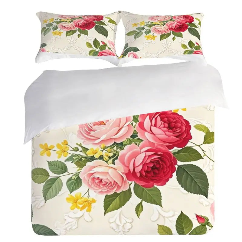 Pillowcase Quilt Cover 3-piece Bedding Beige Background Seamless Floral Pattern, Washable, Durable, Spring and Summer