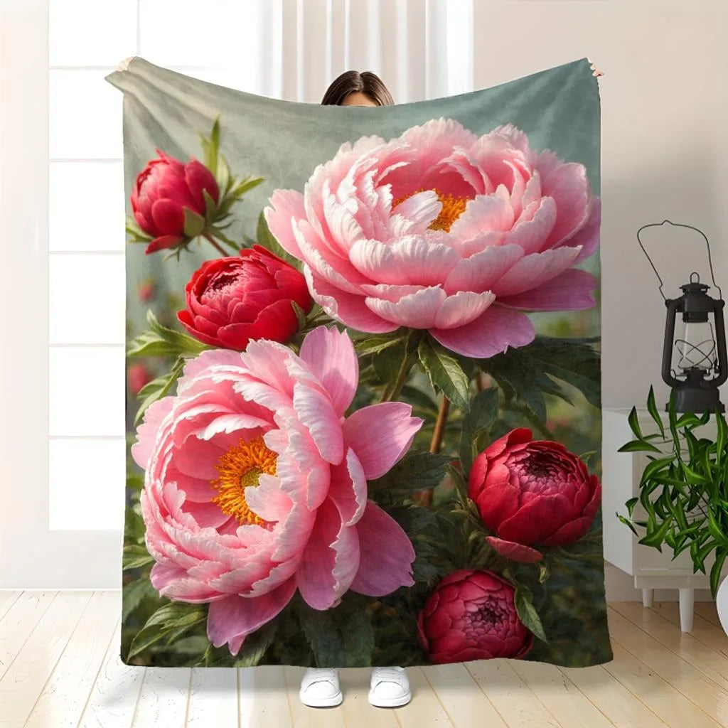 Lush Pink & Red Peony Throw Blanket: Vibrant Floral Pattern Romantic Elegant Cozy Home Decor