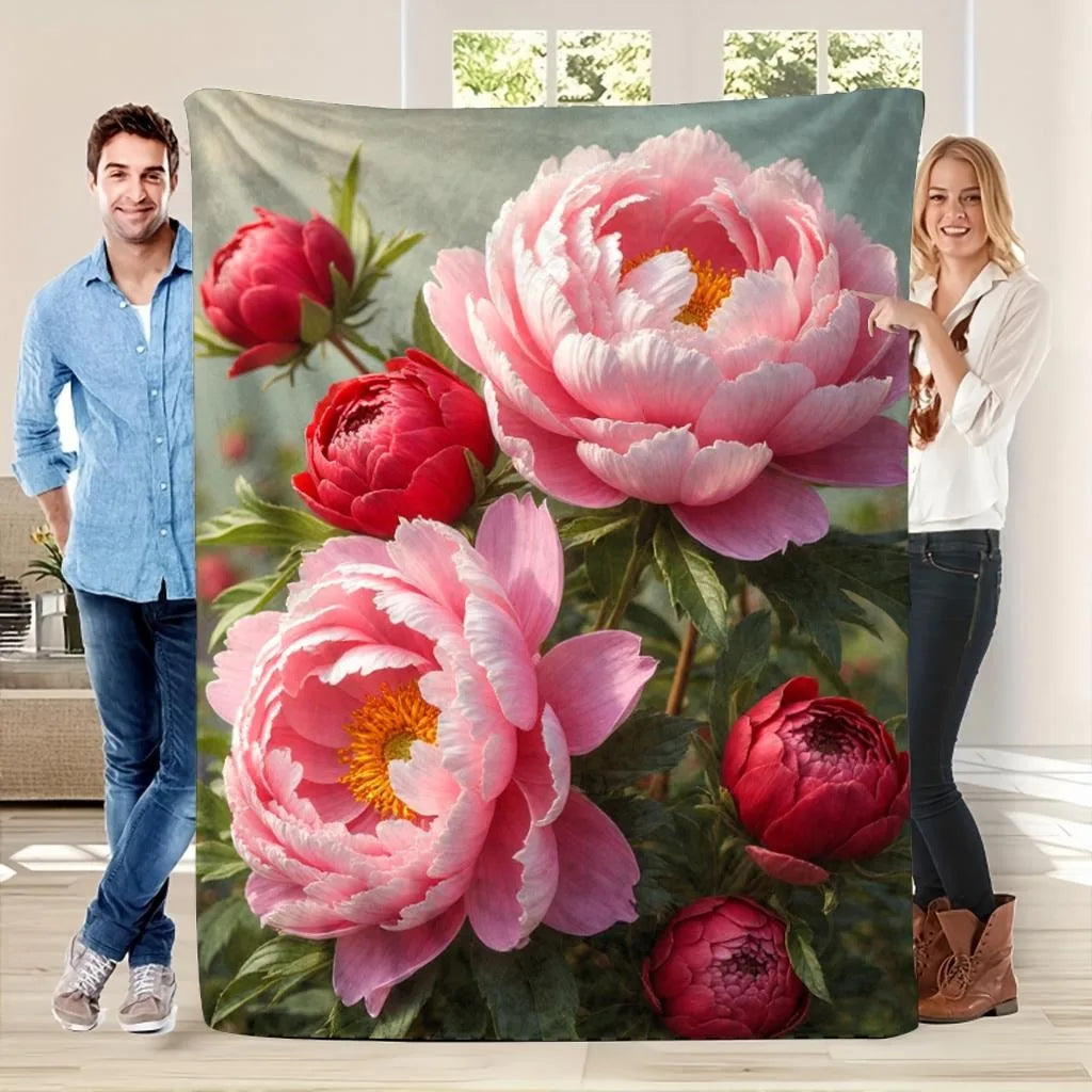 Lush Pink & Red Peony Throw Blanket: Vibrant Floral Pattern Romantic Elegant Cozy Home Decor
