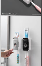 MENGNI Toothpaste Dispenser Wall-Mounted Bathroom Toothpaste Squeezer Punch-Free Toothbrush Holder Rack manual operation
