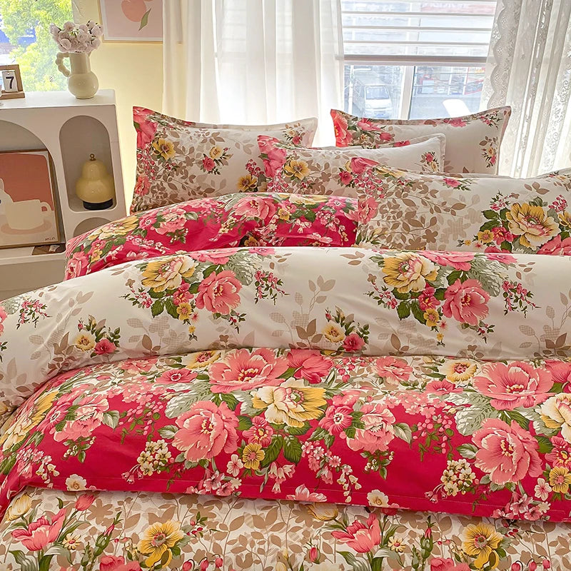 1PC Beige Floral Print Duvet Cover, Multicolor Peony Flower Pattern Bedding for Vintage Romantic Bedroom Decor