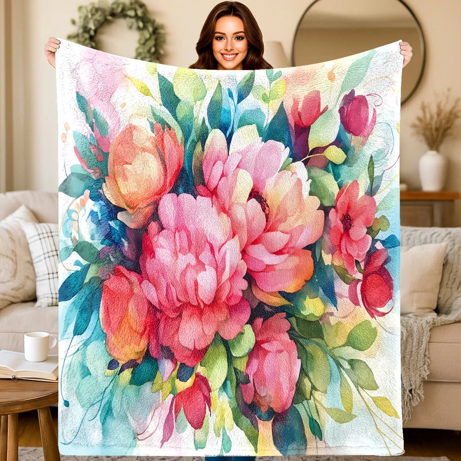 Lush Pink & Red Peony Throw Blanket: Vibrant Floral Pattern Romantic Elegant Cozy Home Decor