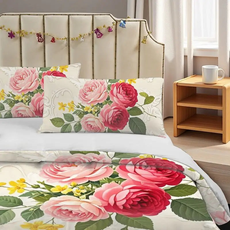 Pillowcase Quilt Cover 3-piece Bedding Beige Background Seamless Floral Pattern, Washable, Durable, Spring and Summer