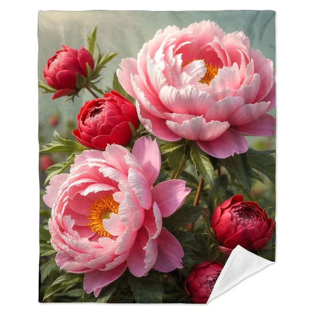 Lush Pink & Red Peony Throw Blanket: Vibrant Floral Pattern Romantic Elegant Cozy Home Decor