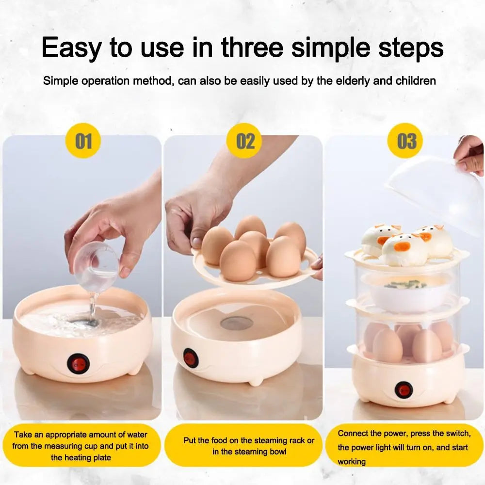 Portable Automatic Power Off Egg Boiler Multi-layer with Measuring Cup Breakfast Machine Mini Egg Steamer for Home Dormitory