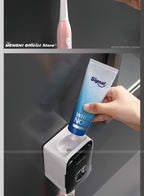 MENGNI Toothpaste Dispenser Wall-Mounted Bathroom Toothpaste Squeezer Punch-Free Toothbrush Holder Rack manual operation