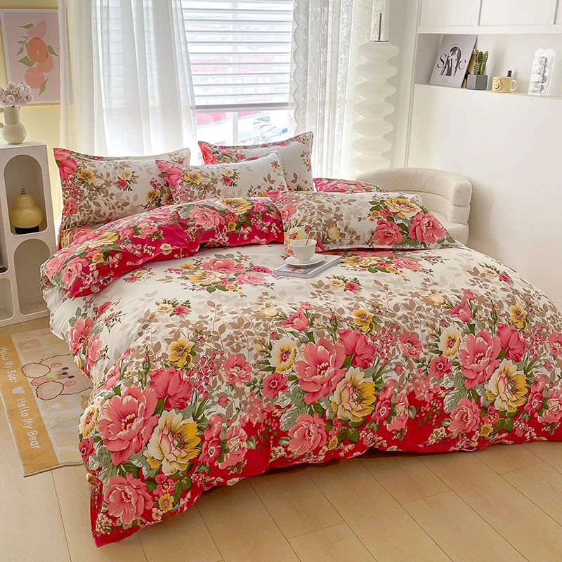 1PC Beige Floral Print Duvet Cover, Multicolor Peony Flower Pattern Bedding for Vintage Romantic Bedroom Decor