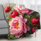 Lush Pink & Red Peony Throw Blanket: Vibrant Floral Pattern Romantic Elegant Cozy Home Decor