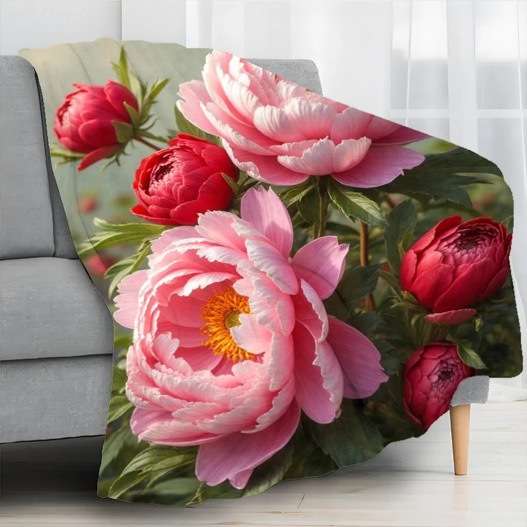 Lush Pink & Red Peony Throw Blanket: Vibrant Floral Pattern Romantic Elegant Cozy Home Decor