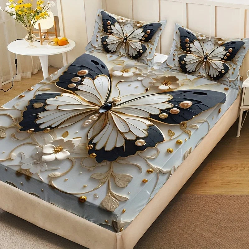 Three-dimensional White Embossed Butterfly Fitted Sheet Set 1 Fitted Sheet High-definition Printing for Home and Dormitory