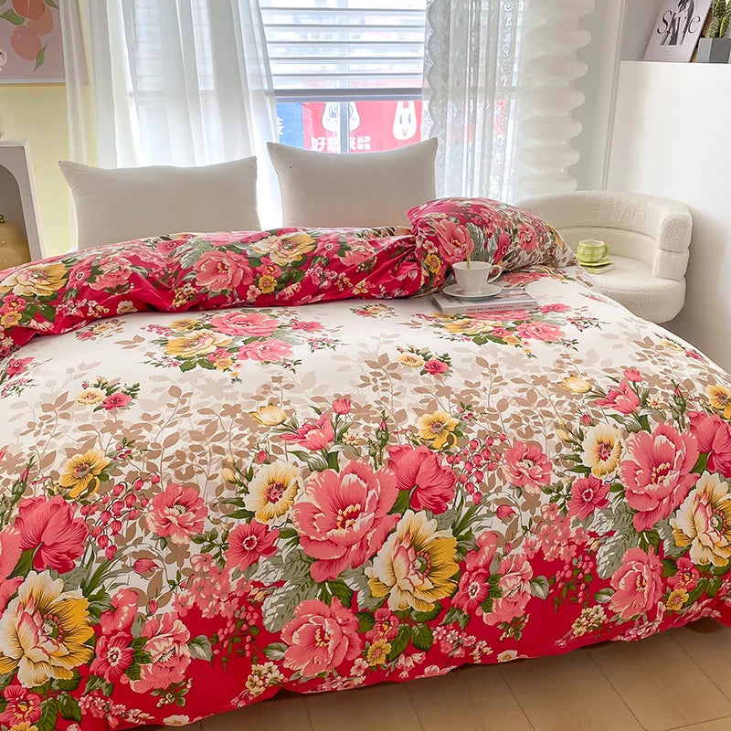1PC Beige Floral Print Duvet Cover, Multicolor Peony Flower Pattern Bedding for Vintage Romantic Bedroom Decor