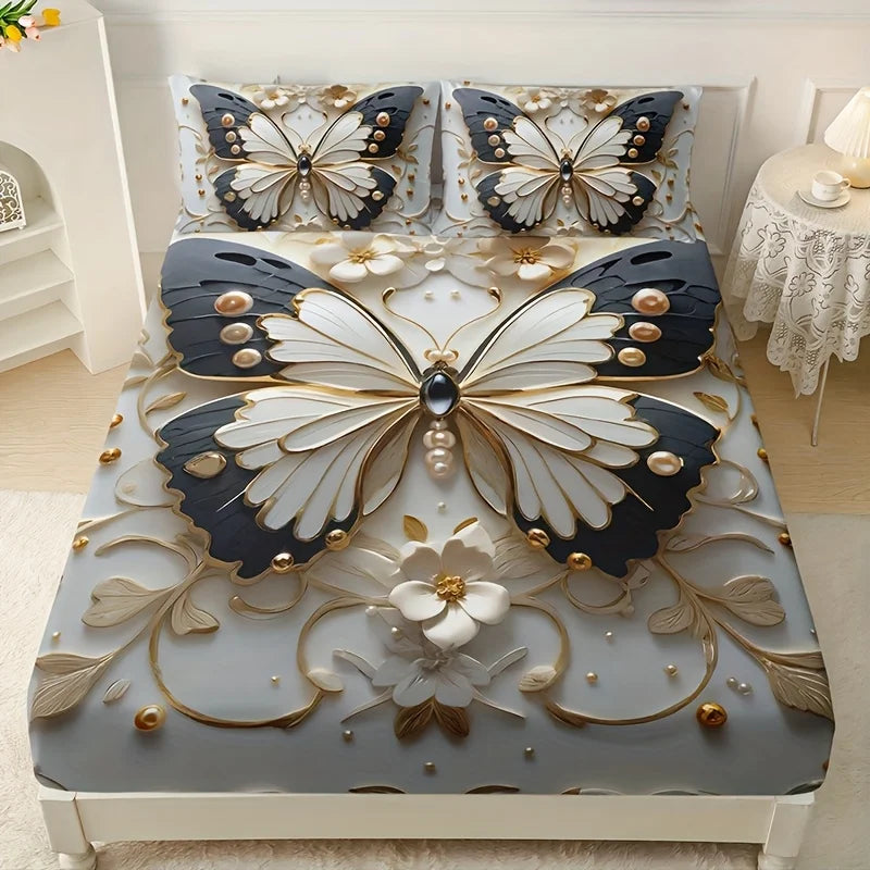 Three-dimensional White Embossed Butterfly Fitted Sheet Set 1 Fitted Sheet High-definition Printing for Home and Dormitory