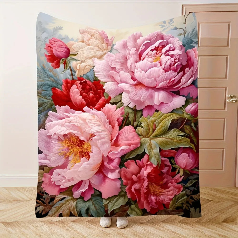Lush Pink & Red Peony Throw Blanket: Vibrant Floral Pattern Romantic Elegant Cozy Home Decor